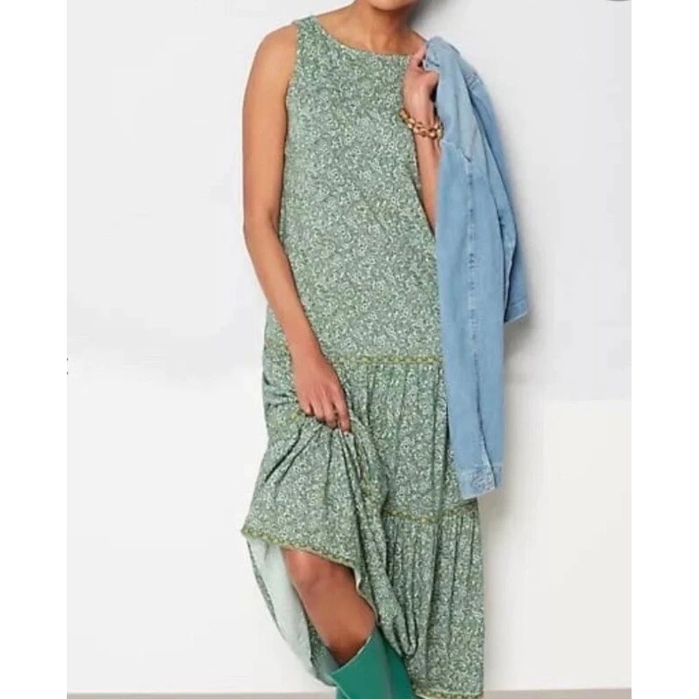 J. Jill Green Floral Paisley Tiered Midi Dress Cotton Modal‎ Sleeveless Medium